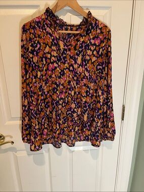 Womens Floral Print Tiered Long-Sleeve Blouse in Navy, Pink & Mustard
